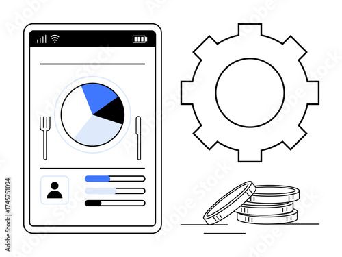 Mobile app screen displays pie chart and user activity data next to a gear icon and coin stack. Ideal for analytics, productivity, finance, technology, efficiency, monitoring, minimalism. Simple flat