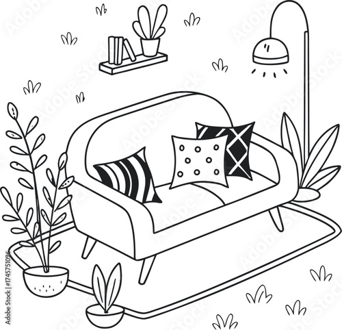 Minimalist modern sofa with decorative pillows and plants in cozy living room vector