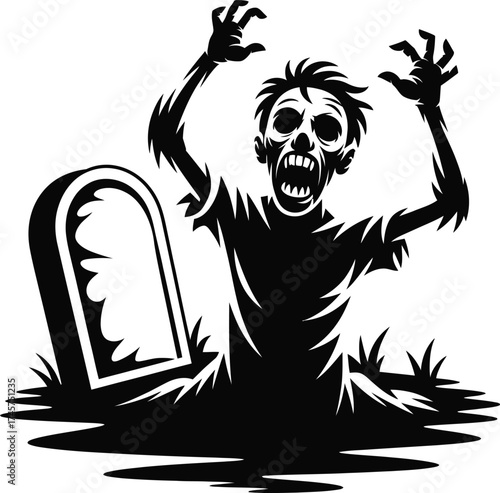 Rising zombie from grave with tombstone spooky halloween illustration on transparent background silhouette