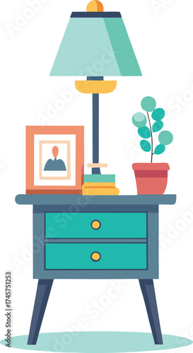 Cozy nightstand with lamp photo frame and potted plant interior decor vector