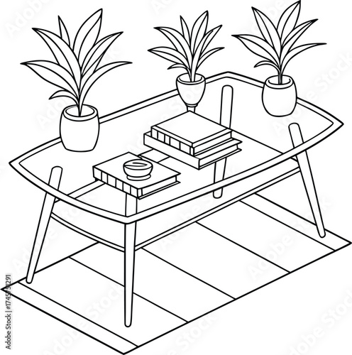 Minimalist glass coffee table with potted plants and books for a cozy living space vector