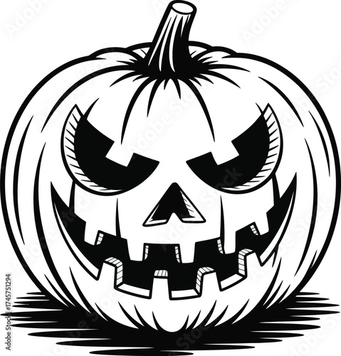 Detailed carved pumpkin illustration with spooky face on transparent background silhouette