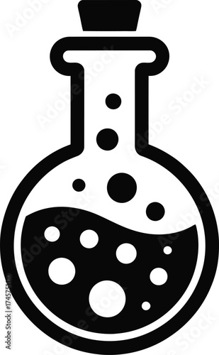 Simple black potion bottle with liquid bubbles on transparent background silhouette