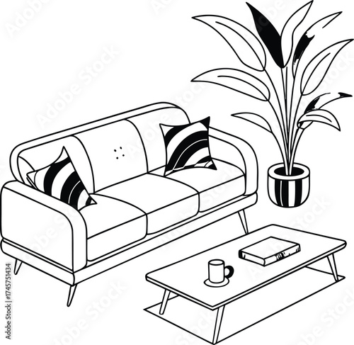 Modern living room sofa coffee table potted plant furniture decor design vector