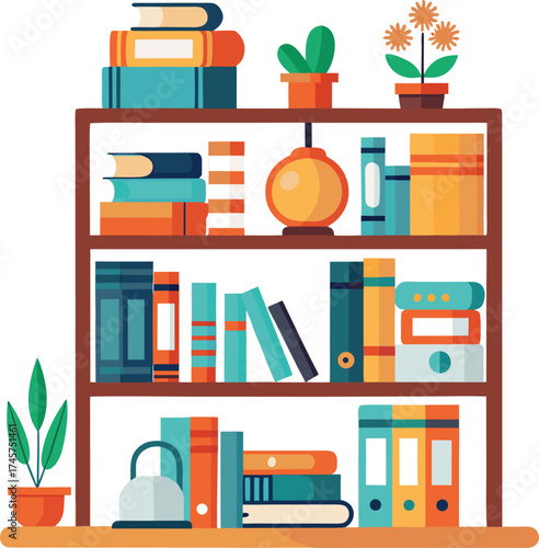 Colorful bookshelf filled with books plants and decorative objects vector
