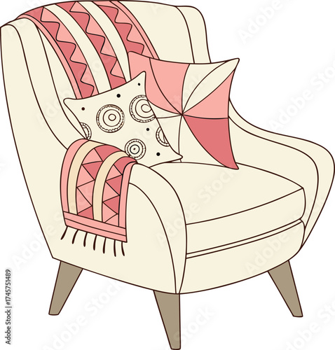 Cozy armchair with decorative pillows and ethnic patterned throw blanket vector