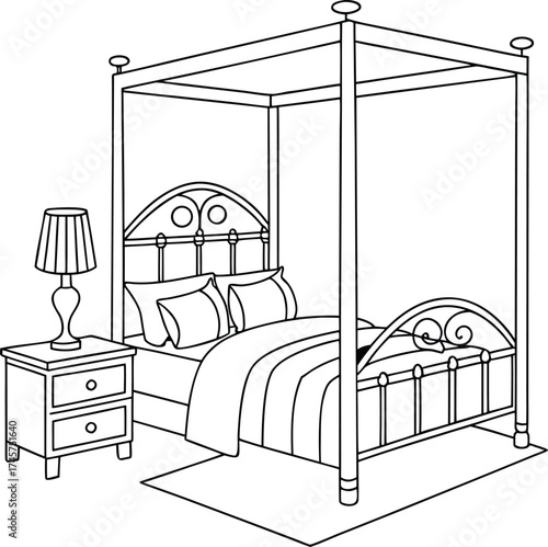Cozy bedroom scene with four poster bed nightstand and lamp line art vector