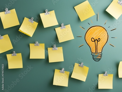 A creative workspace featuring yellow sticky notes pinned to a green wall, with a light bulb illustration symbolizing ideas and inspiration.
