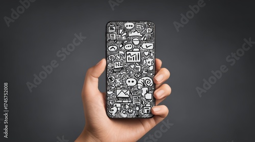 Wallpaper Mural hand holding smartphone with hand drawn media icons and symbols concept no logos no brands ar 169 Torontodigital.ca