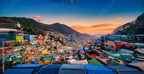 Gamcheon Culture Village at sunset in Busan city, South Korea.