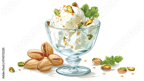 Elegant Glass of White Ice Cream with Pine Nut Decorations