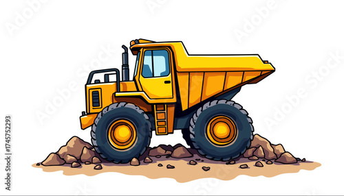 Yellow dump truck transporting dirt on construction site  