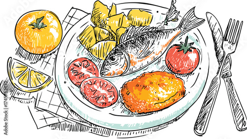 Quick & Easy Meal Selection Vector Illustration: Satisfying Choice with Outline