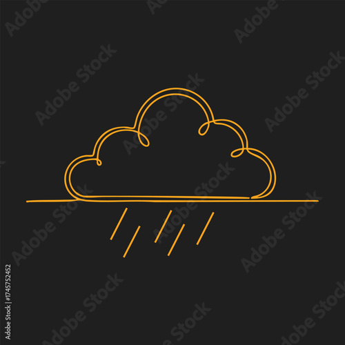 Minimalist neon line drawing of a cloud with rain on a dark , symbolizing weather and atmospheric conditions
