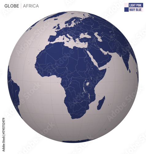 Vector Globe centered to Africa. Light Pink Navy Blue palette. World map with meridians, parallels, countries, rivers and lakes. Captivating vector illustration.