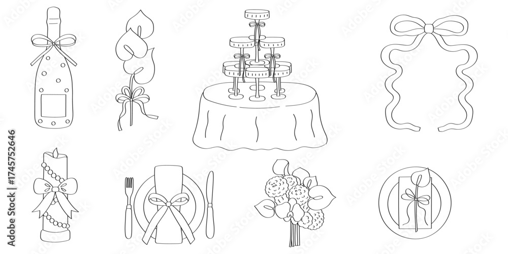 Fototapeta premium Wedding decoration line art set with champagne, flowers and table setting