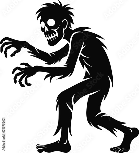 Creepy black zombie illustration with outstretched arms on transparent background silhouette