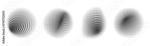 Set of abstract dotted wave design with halftone gradient circles and smooth flowing dot texture