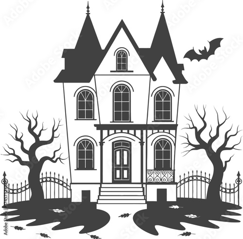 Detailed haunted house illustration with trees and bat on transparent background silhouette