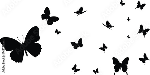 Butterfly silhouettes in flight, elegant black vector illustrations for nature, garden, wedding, decor, and design projects — flat style, CAD drawing compatible.