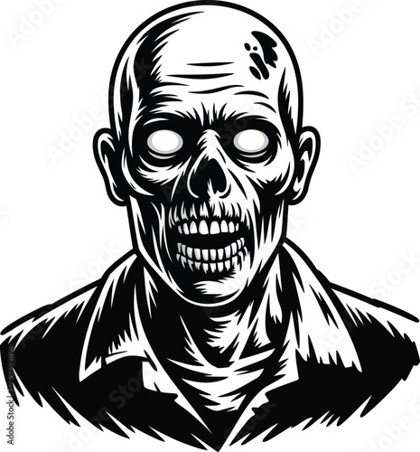 Detailed zombie head illustration in monochrome perfect for spooky designs silhouette on transparent background