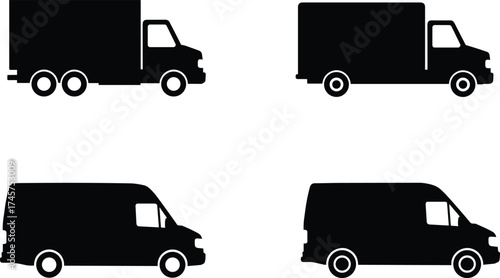 Delivery van and cargo truck silhouette set, black vector illustration, transport icons, commercial vehicle shapes, flat design, cad drawing