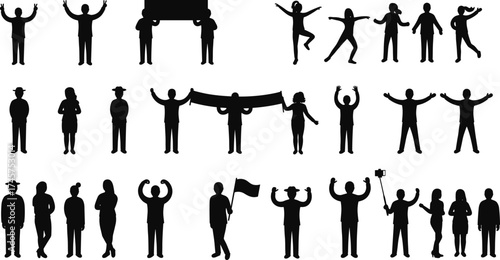 Diverse crowd silhouettes in action, flat vector icons for events, protests, celebrations, sports, marketing, and public gathering design projects