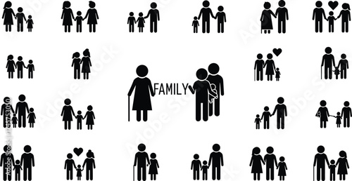 Diverse family silhouettes icons set, flat vector illustrations for parenting, relationships, genealogy, social services, education, and inclusive design projects