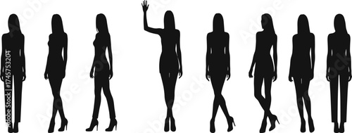 Female figure silhouette vector, elegant woman standing poses, diverse posture icon set, black flat style, cad drawing flat vector illustration