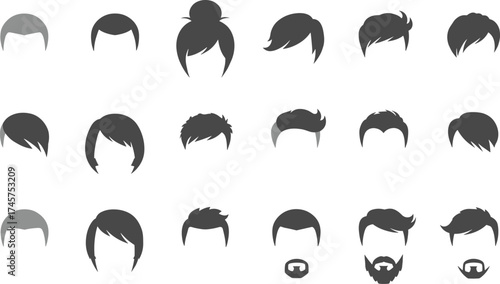 Hairstyle and beard silhouette set, male grooming icons, black vector illustration, haircuts and facial hair styles, flat design, cad drawing