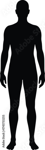 Human body silhouette front view, black vector illustration, standing figure icon, anatomical pose, flat design, neutral posture, cad drawing