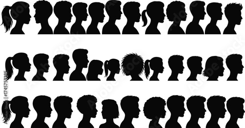 Human head profile silhouette vector, diverse hairstyle collection, male female side view, black flat icon set, cad drawing flat vector illustration