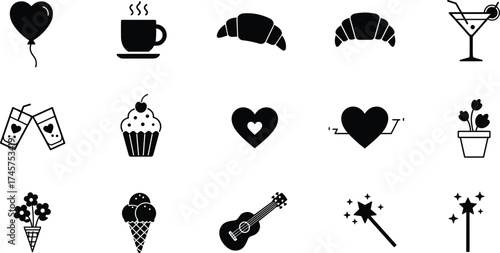 Romantic and celebration icon set, heart, cupcake, coffee, guitar, magic wand, flower bouquet, black vector, flat design, cad drawing