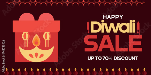 Happy Diwali Sale banner with up to 70% discount on a maroon background. Features a large, stylized gift box with a diya illustration and a decorative row of lamps below.