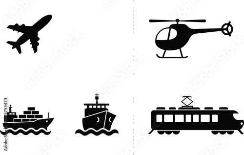 Transportation icons set including airplane, helicopter, cargo ship, ferry, and train, flat vector silhouettes for logistics, travel, delivery, and global shipping design