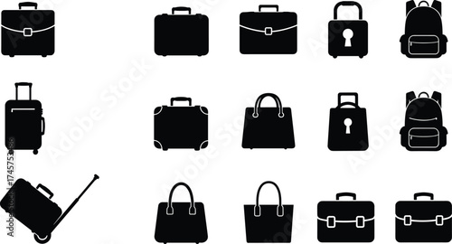 Travel luggage and bag icons set, flat vector silhouettes for tourism, vacation, business, packing, airports, and transportation design projects