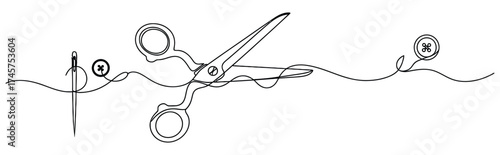 Minimalist continuous line art drawing of open scissors on a wavy line isolated on white background