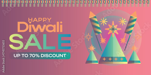 Vibrant, gradient-colored Happy Diwali Sale banner with a 70% discount. Features stylized fireworks, including cone firecrackers and bottle rockets, with a decorative border.
