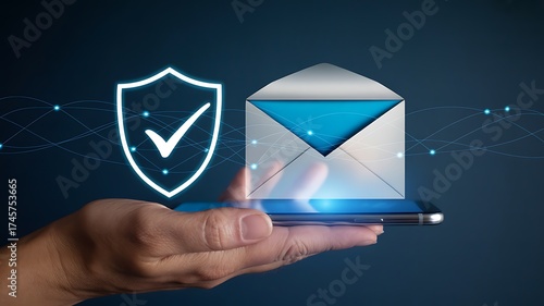 Secure email communication shield and envelope digital concept hand