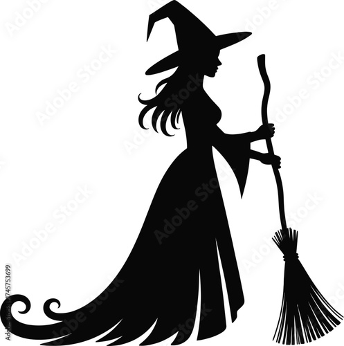 Elegant witch flying on a broom with a classic silhouette on transparent background
