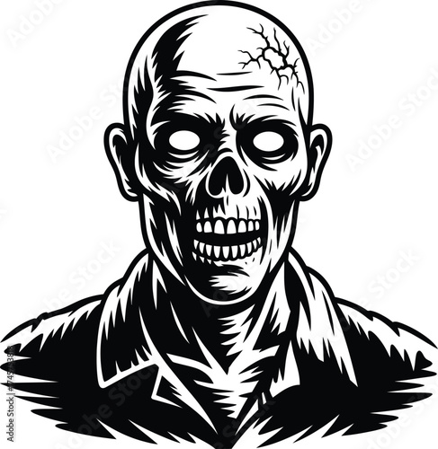 Detailed zombie head illustration in black and white on transparent background silhouette