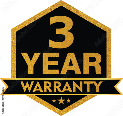 Luxury Gold and Black “3 Year Warranty” Badge – Premium Guarantee Seal Vector Design for Product and Service Quality Assurance