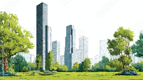 Modern Urban Skyline with Towering Skyscrapers and Park in Cityscape