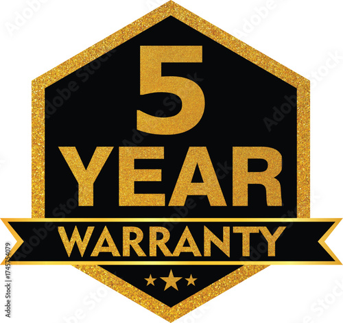 Luxury Gold and Black “5 Year Warranty” Badge – Premium Guarantee Seal Vector Design for Product Quality and Customer Assurance