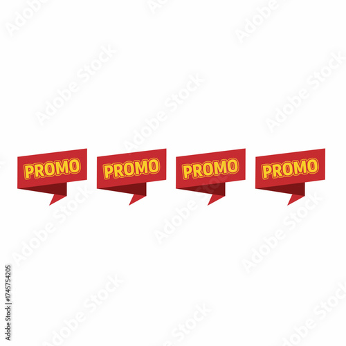 Four red promotional banners with the word PROMO in yellow text on a white background, representing a sale or special offer