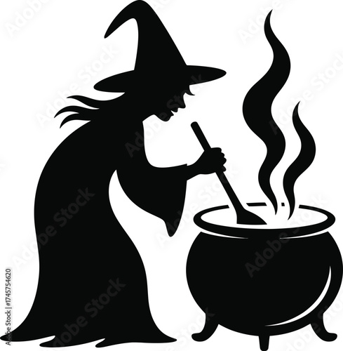 A black witch stirring a cauldron with smoke on transparent background silhouette