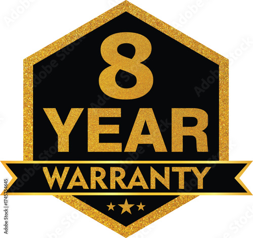 Elegant Gold and Black “8 Year Warranty” Badge – Premium Guarantee Seal Vector Design for Long-Term Product Quality and Customer Trust