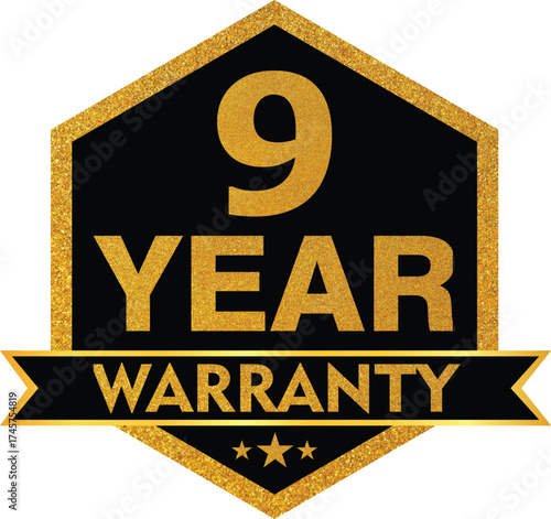 Luxury Gold and Black “9 Year Warranty” Badge – Premium Guarantee Seal Vector Design for Long-Term Product Quality and Customer Confidence