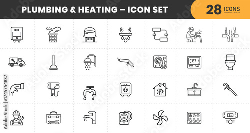  Plumbing and Heating Line Icons Set – Thin Outline Vector Symbols for Repair, Maintenance, HVAC, Water, and Gas Services with transparent Background.