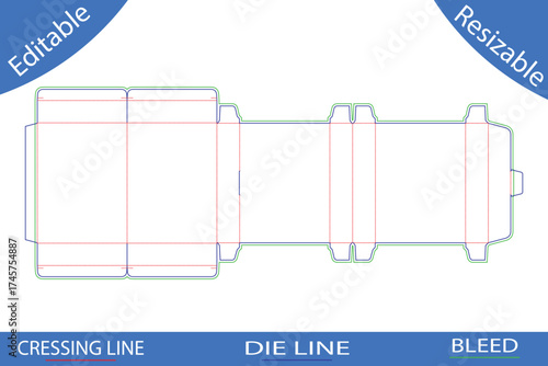 Die Cut Template for a Long Rectangular Box with Tabs Keywords: box template, die cut, die line